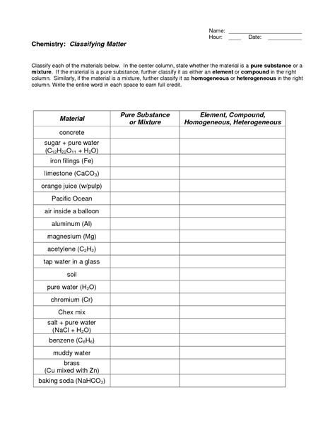 classification of matter worksheet doc